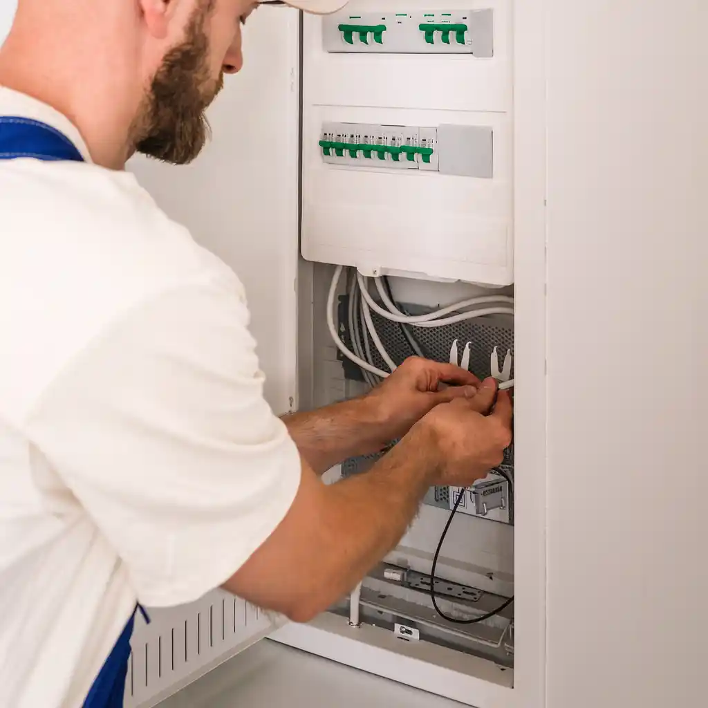 Eletricista ajustando disjuntores no quadro elétrico durante inspeção de segurança no Porto