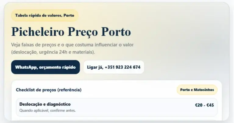 picheleiro preço Porto, tabela rápida de valores e urgência 24h