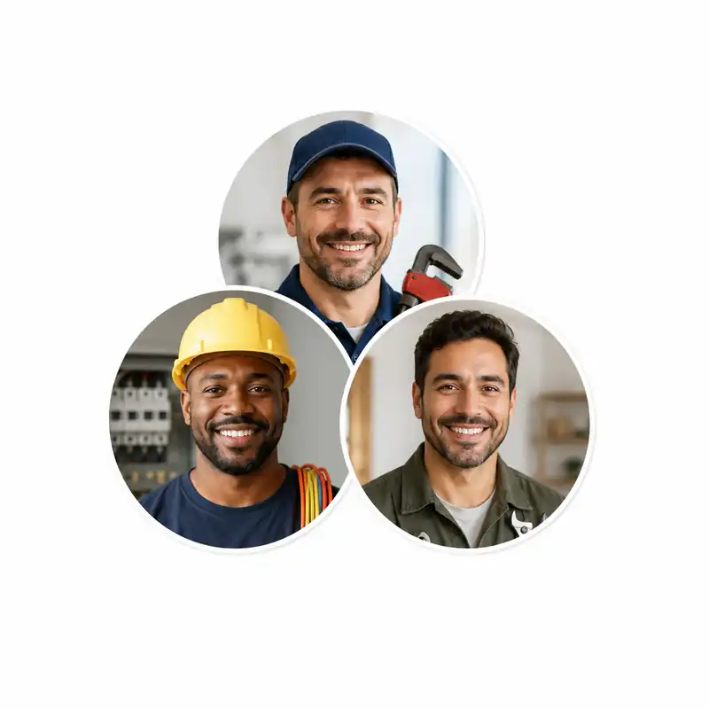 Three home repair technicians representing plumbing, electrical and handyman services in Porto